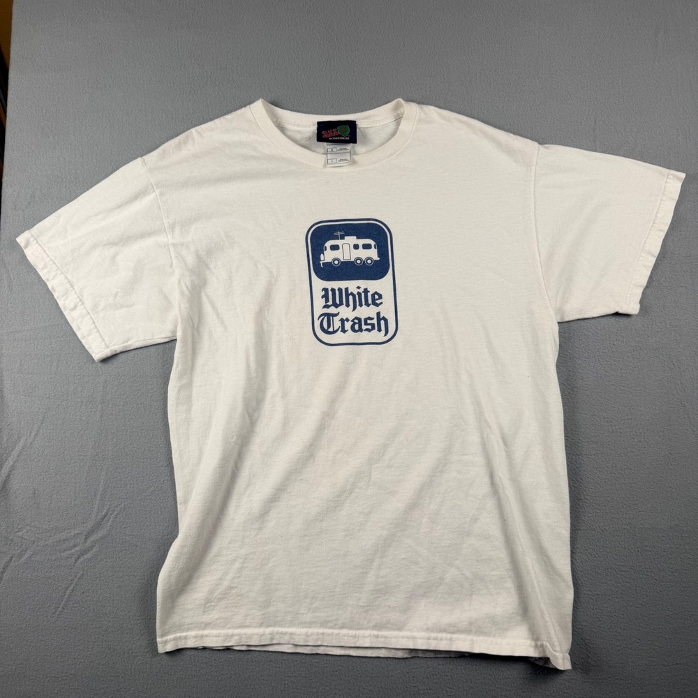 All Sport Activewear White Trash Camper Graphic T-Shirt Mens Large White Vintage